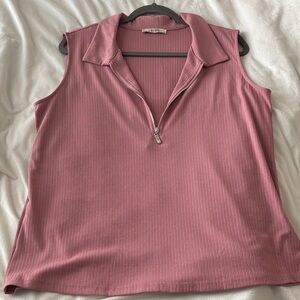 ViVI Ribbed Sleeveless Zip Polo Tank - Dusty Rose